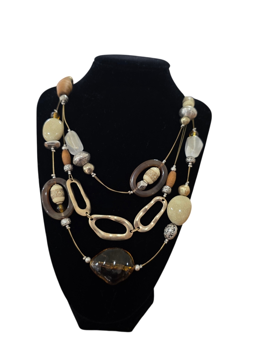 Chico's Neutral Multi-Strand Beaded Necklace with Brown and Cream Accents